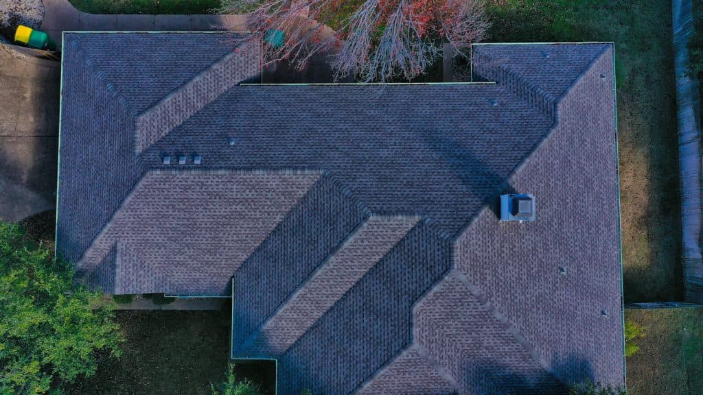 Aerial view of a roof completed by Amos Roofing